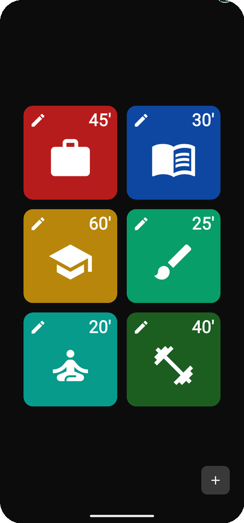 App home screen: six colored timer squares labeled 45, 30, 60, 25, 20 and 40 minutes