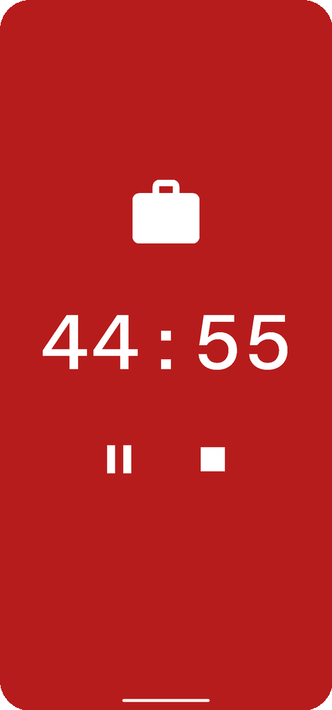 Fullscreen running timer: 44:55 in white on solid red, with pause and stop buttons