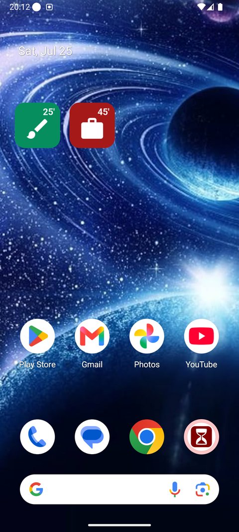 Android home screen with two FOCUSQUARE widgets: a green 25-minute and a red 45-minute square
